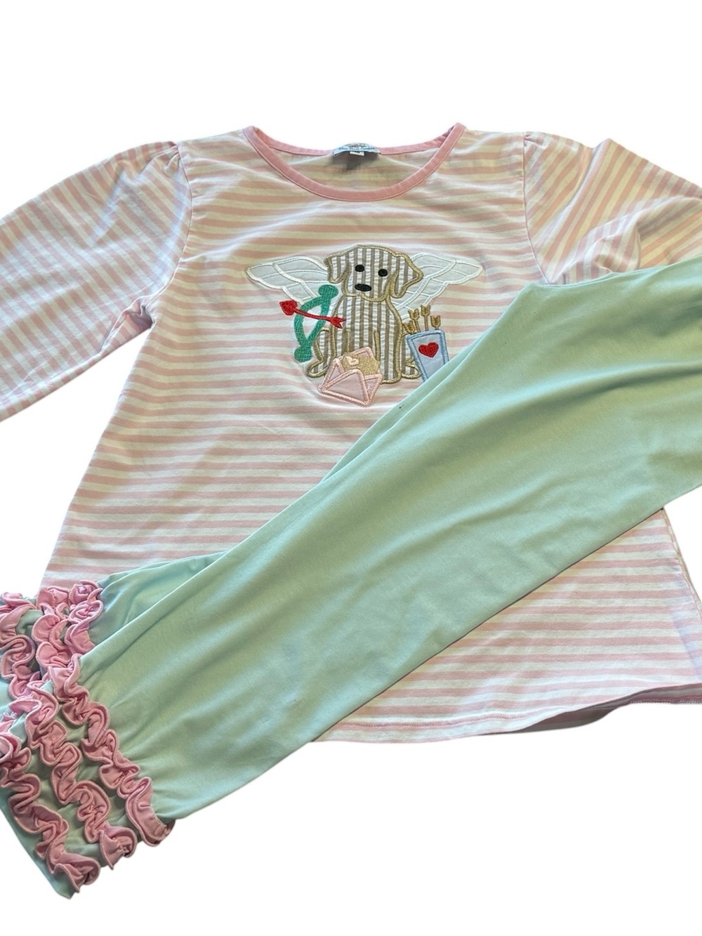 Busy Bees Smocks Valentine Puppy Angel Ruffle Pant Set Girls Size 10
